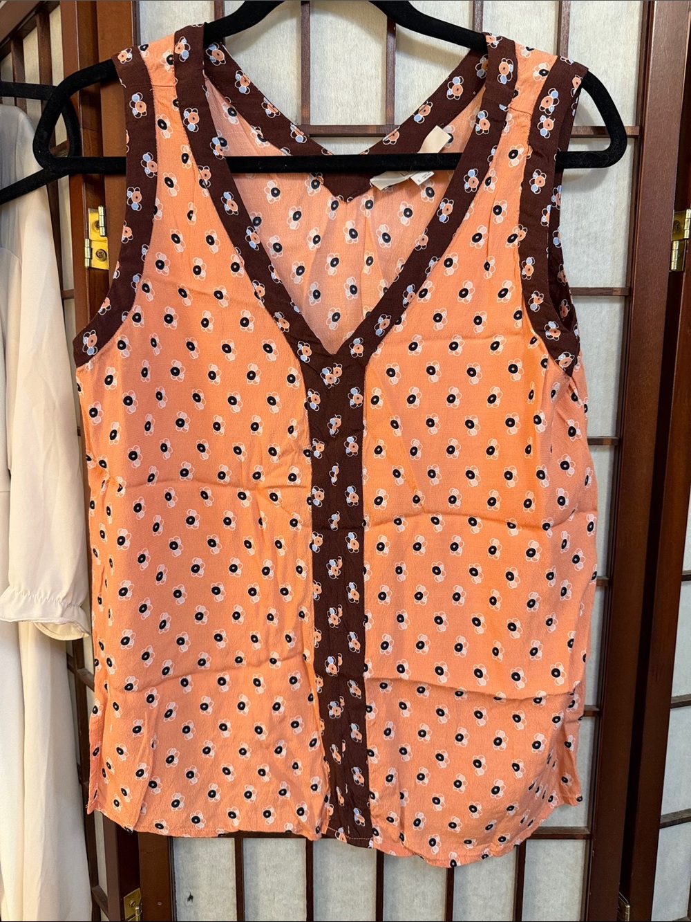 LOFT Peach Floral Print Sleeveless Top with Brown Trim